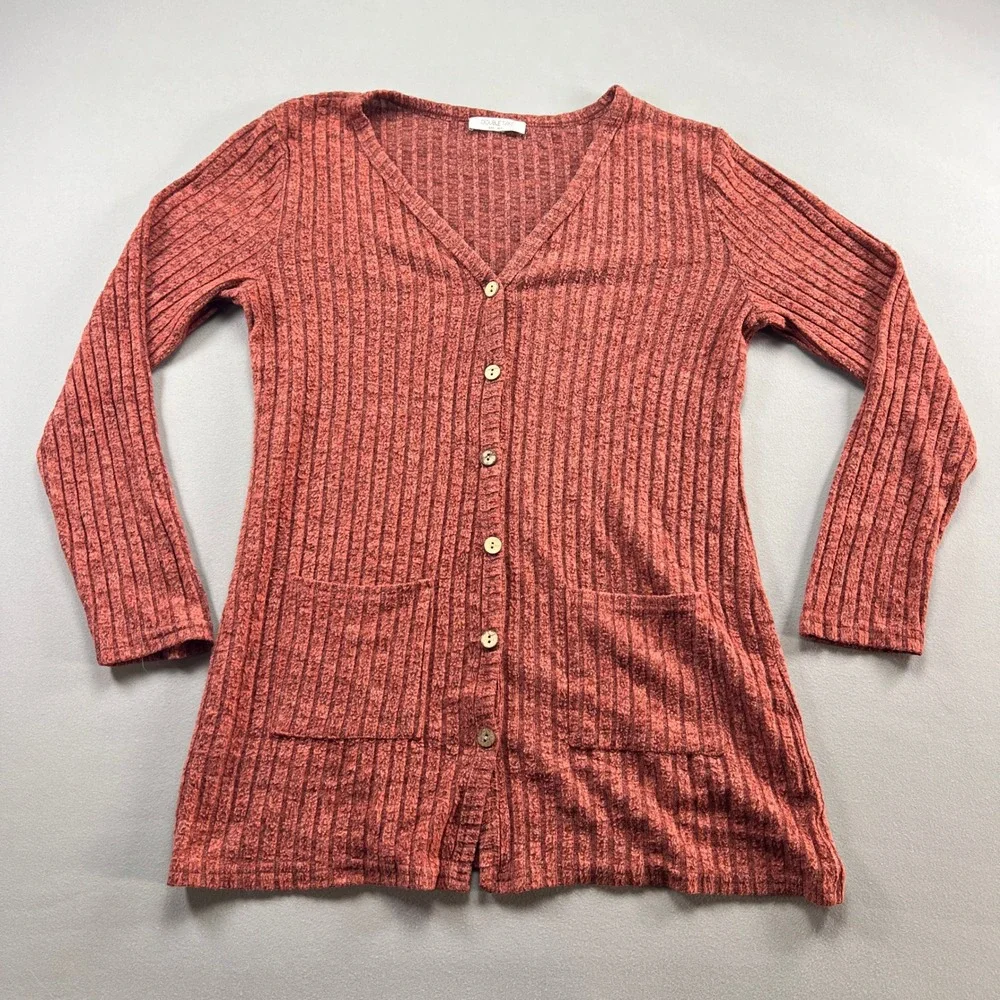 Double Take Cardigan Sweater Womens S Brick Red Ribbed Texture Dual Patch Pocket